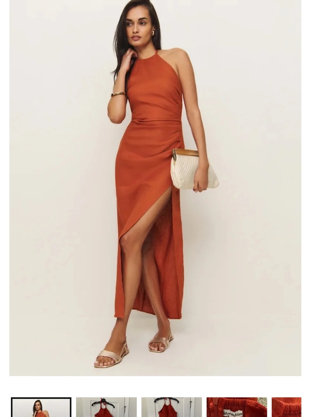 Reformation Sadie Linen Dress Rust Halter Maxi Dress with Side Slit, 4